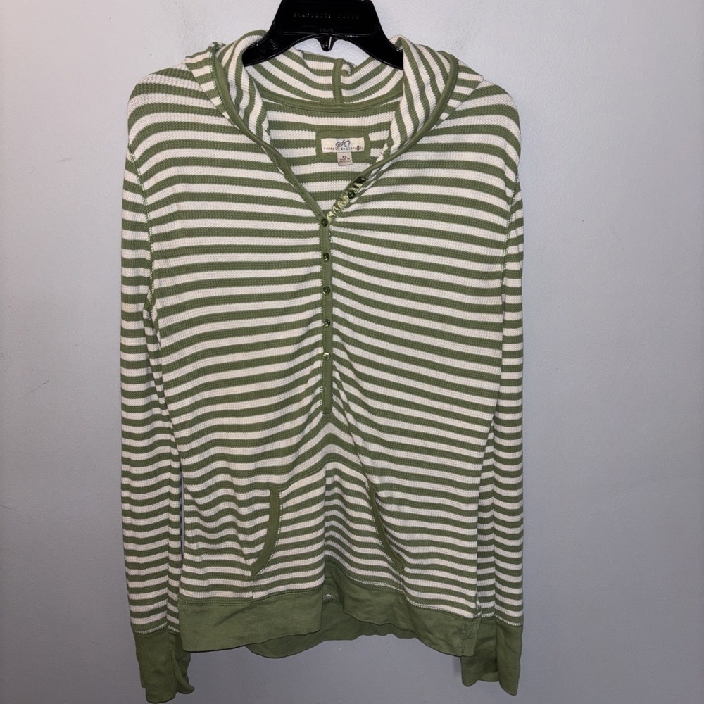 SO Green White Striped Ribbed Knit Henley Hoodie Women's Size XL Y2K Trendy